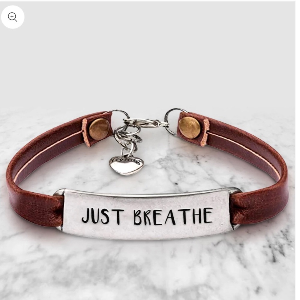 Just Breathe Engraved Plate Leather Bracelet with Heart Charm Clasp